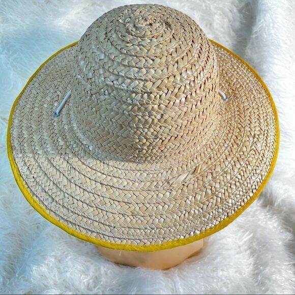Women's Wide Brimmed Straw Hat Beach Summer Fun Yellow Trim - Picture 4 of 6